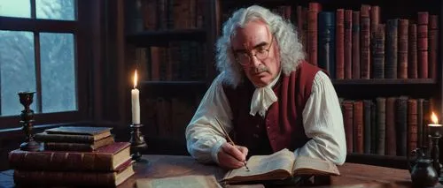 Jonathan Swift, author, 18th century, old man, white hair, thick eyebrows, glasses, vest, shirt, tie, holding quill pen, sitting at wooden desk, surrounded by books, papers, and inkwells, candle light