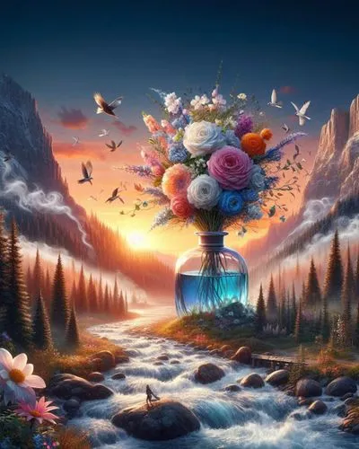 sunrise,fantasy picture,hot-air-balloon-valley-sky,fantasy landscape,mushroom landscape,falling flowers,fantasy art,blossoming apple tree,hot air balloons,floating island,3d fantasy,landscape rose,flo