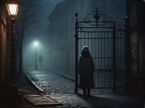 sleepwalker,dark gothic mood,nocturnes,mysterious,night image,girl walking away,lamplighter,gas lamp,blind alley,gothic woman,hooded man,before dawn,alleyway,light of night,night scene,alley,cloak,black coat,before the dawn,eerie,Illustration,Abstract Fantasy,Abstract Fantasy 07