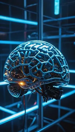 Cyberpunk futuristic brain, neural networks, glowing blue circuits, intricate connections, spherical structure, transparent glass casing, pulsing lights, wires, metallic framework, holographic interfa