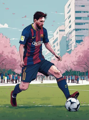 Imagine Messi calmly practicing his precision passing skills in a peaceful park.,barca,footballer,soccer player,fifa 2018,soccer,barcelona,football player,street football,game illustration,playing foo