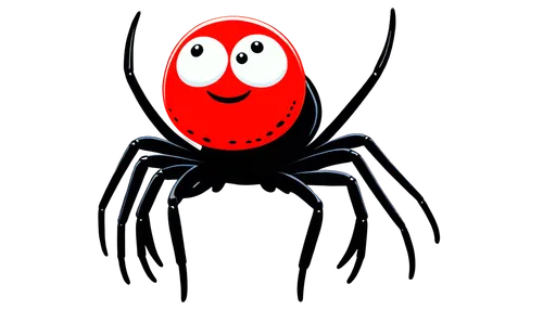 Cartoon spider, white outline, simple eyes, smiling face, black legs, red body, shiny surface, round abdomen, eight legs, standing pose, front view, 2D illustration style, bold lines, vibrant colors, 