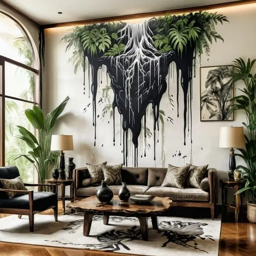 modern decor,interior design,house plants,apartment lounge,contemporary decor,interior decoration,interior decor,decor,living room,wall decoration,boho art,great room,livingroom,wall decor,houseplant,wall art,hanging plants,ornate room,wall sticker,decorates,Illustration,Black and White,Black and White 34