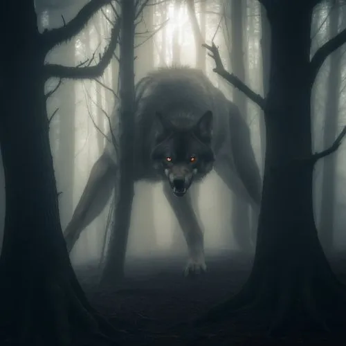 Giant sharp-toothed wolf in the Black Forest, fog arround,Giant dark wolf running through the forest ,werewolve,lycanthrope,lycanthropy,Dark wolf,lobo negro,Supernatural,Photography,General,Realistic