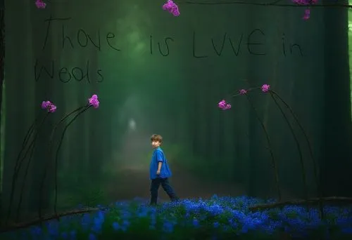 A boy in the middle of the woods, the trees have blue and pink flowers on them,Thare is Love in the Woods,motzfeldt,forest of dreams,hertzfeldt,fairy forest,the forest,ballerina in the woods,Photograp