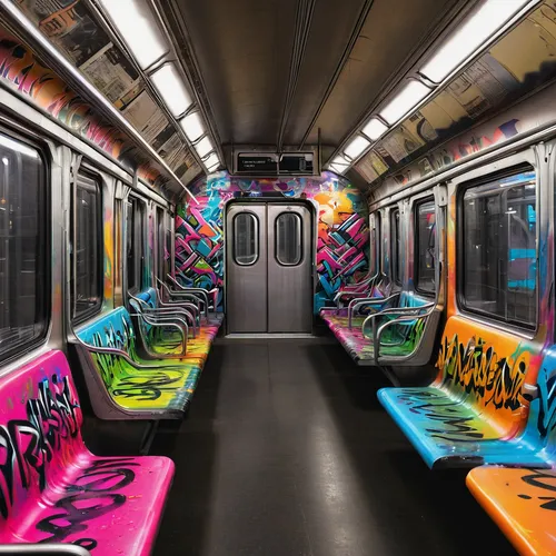 Spray colorful graffiti letters on a subway train,graffiti splatter,graffiti art,train seats,metro,graffiti,flxible metro,subway system,hollywood metro station,train car,neon body painting,psychedelic