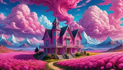 fairy tale castle,fairy chimney,candyland,fantasy landscape,witch's house,fairytale castle,whipped cream castle,fantasy picture,imaginationland,3d fantasy,lachapelle,rapunzel,fantasy world,fantasy city,fairy world,cloudmont,magorium,purple landscape,dreamhouse,knight's castle,Illustration,Realistic Fantasy,Realistic Fantasy 39