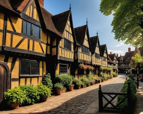 Stratford Upon Avon, medieval town, half-timbered buildings, Tudor-style architecture, steeply pitched roofs, multi-paned windows, ornate wooden doorways, cobblestone streets, old-fashioned street lam