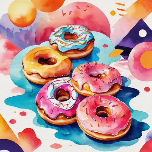 Explore the abstract side of watercolor by painting melting donuts in a surreal backdrop,donut illustration,donut drawing,donuts,doughnuts,donut,doughnut,glaze,watercolor fruit,colored pencil backgrou