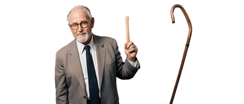 Odio image, old man, wise eyes, white beard, balding head, glasses perched on nose, warm smile, wrinkled skin, brown suit, white shirt, black tie, holding cane, standing, morning light, soft focus, ci