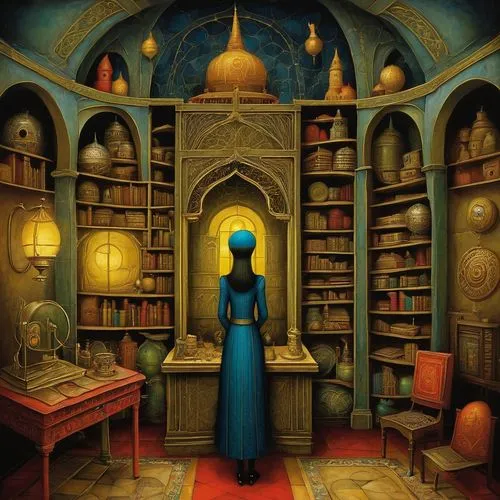 librarian,miniaturist,bookstore,blue room,book wallpaper,apothecary,mordenkainen,vetinari,scholar,rubaiyat,bookshop,librarians,sci fiction illustration,bookseller,rosicrucianism,antiquarian,book store,dictionarium,bookshelves,alchemist,Illustration,Abstract Fantasy,Abstract Fantasy 09