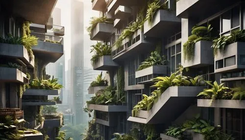 Overhanging roofs, futuristic architecture, cantilevered structures, modern materials, glass, steel, concrete, wooden accents, vines crawling up walls, lush greenery, urban jungle, cityscape, misty mo