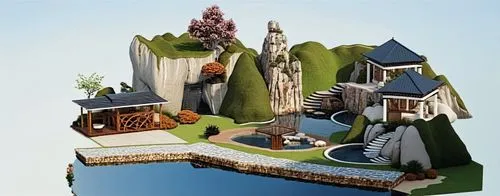 
1. **Rock Garden Koi Pond**
2. **Natural Rock Formations**

3. **Waterfalls**
4 .**Miniature Landscape Garden**
 5. ** Waterfalls**
6. **Plants**


,houses clipart,miniature house,escher village,ecov