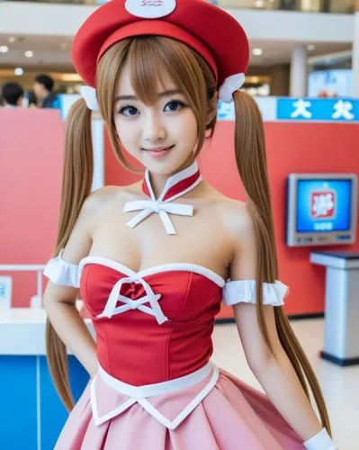 a woman in a red and white outfit with long ponytail,minako,asuka langley soryu,mineko,doll dress,cosplay image,dress doll