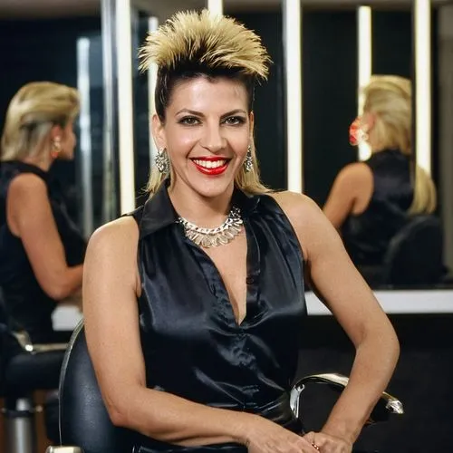 Portrait of attractive elegant rich happy smiled laughing red lipsticked 40 years old arabic woman with 1980s style mullet  hair, sitting in the chair of hairdresser, by the haircut by the mirror view