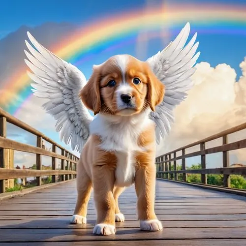 Ein süßes Hündchen (kann hier Hund einfügen), der Hund hat Engelsflügel, steht auf einer Brücke mit einem Regenbogen am Ende und macht sich bereit, zum Regenbogen in den Himmel zu gehen,dog angel,rain