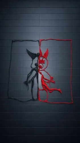 a being that is split in half, the left side is a black angel and the right side is a red devil,The Devil Angel,map silhouette,silhouette art,mouse silhouette,x axis deer elk,microvascular,aorta,Photo