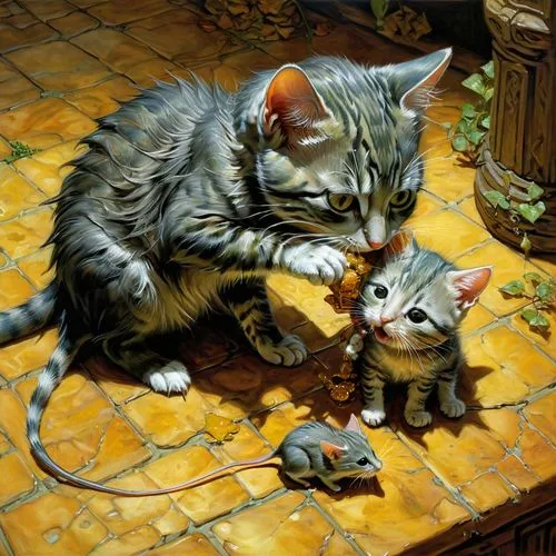 cat and mouse,oil painting,cats playing,kittelsen,georgatos,oil painting on canvas,Illustration,Realistic Fantasy,Realistic Fantasy 03