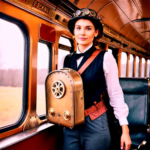 steampunk,woman fire fighter,female doctor,railroad engineer,the girl at the station,steampunk gears,the bavarian railway museum,museum train,train ride,tube radio,travel woman,model train figure,vintage woman,train wagon,leather suitcase,red heart on railway,time traveler,the victorian era,children's railway,doctor who,Illustration,Realistic Fantasy,Realistic Fantasy 13