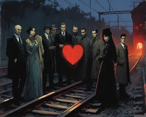 glowing red heart on railway,red heart on railway,heart medallion on railway,red and blue heart on railway,red heart medallion on railway,mafia,bram stoker,throughout the game of love,clue and white,nightshade family,the heart of,ghost train,heart clothesline,dance of death,declaration of love,lovesickness,the train,blind alley,the pandemic,pandemic,Illustration,Paper based,Paper Based 05