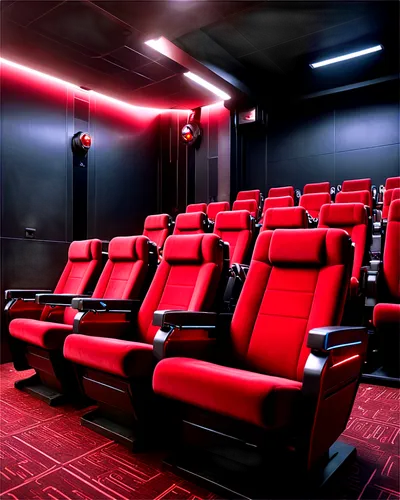 Movie theater, red velvet seats, rows of chairs, reclined backrests, armrests, cup holders, footrests, darkened room, soft lighting, cinematic atmosphere, 3/4 composition, shallow depth of field, warm