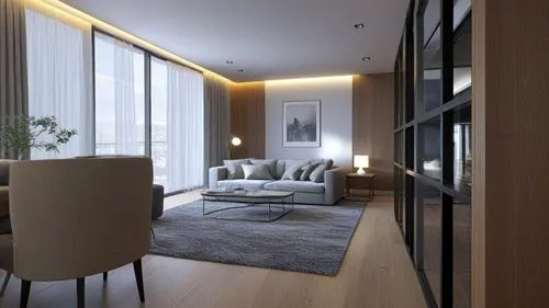 there is a living room with lots of windows,modern room,modern living room,livingroom,interior modern design,apartment lounge,home interior