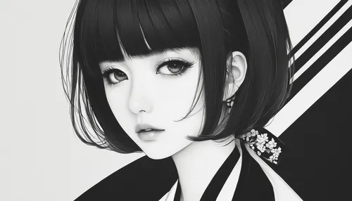 monochrome,anime 3d,black white,persona,sidonia,black-and-white,white and black color,color black and white,blackandwhite,geisha girl,black and white,japanese woman,black color,geisha,hime cut,anime girl,vector girl,artist doll,girl portrait,grayscale,Illustration,Realistic Fantasy,Realistic Fantasy 08