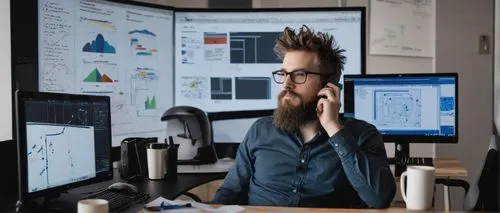 Modern, minimalist office, solo male architect, 30s, casual wear, glasses, beard, messy hair, leaning back in ergonomic chair, hands behind head, staring at large monitor, multiple screens, coding, di