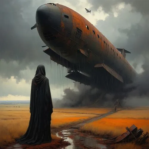 airship,airships,blimp,apocalypse,hindenburg,zeppelin,sci fiction illustration,zeppelins,death angel,plane wreck,arrival,fallen from the sky,scythe,post-apocalypse,apocalyptic,post-apocalyptic landscape,crash landing,ufo,ufo intercept,the end of the world,Conceptual Art,Oil color,Oil Color 11