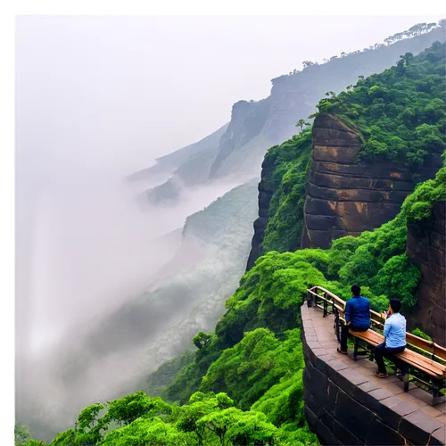 Mountainous landscape, Khandala Ghat View Point, scenic valley, misty fog, lush green trees, rocky cliffs, stone railing, wooden benches, tourists taking selfies, solo figure in distance, panoramic vi