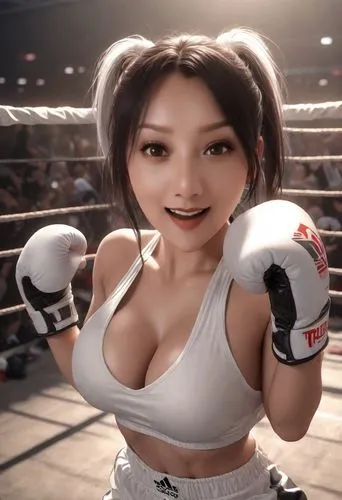 (best quality), ((masterpiece)), (highres), Sexy girl, big boobs, realistic,double ponytail hair, crazy laughing,  full body, white adidas sportswear,  in boxing gloves, boxing knockout fighting, sexy