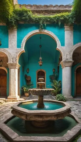 Barragan architecture, historic building, Mexico, 16th century, ornate stone carvings, intricate moldings, grandiose facade, arched windows, domed roof, vibrant turquoise walls, golden accents, ornate