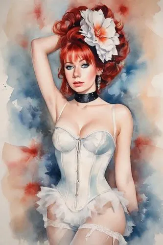 poster, post modern, 1950, sexy girl, stockings , corset, red hairs,blue eyes, earrings, choker, very sexy hot, modern, flower on head, 
red lips, sexy makeup,,a woman that is wearing a  in a bedroom,