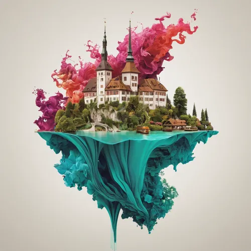 floating island,chasm,fractals art,fairy tale castle,3d fantasy,world digital painting,airbnb logo,archipelago,fairytale castle,water castle,islet,waterglobe,fantasy art,fantasy city,floating islands,island suspended,flying island,fantasy world,myst,sci fiction illustration,Photography,Artistic Photography,Artistic Photography 05