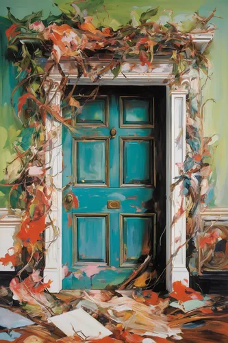 round autumn frame,autumn frame,old door,autumn wreath,doorway,autumn decoration,garden door,door wreath,leaves frame,fall picture frame,the threshold of the house,open door,home door,decorative frame,ivy frame,abandoned room,seasonal autumn decoration,wooden door,luxury decay,fallen leaves,Conceptual Art,Oil color,Oil Color 18