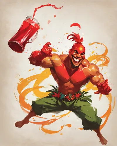 Write a descriptive paragraph portraying the Hawaiian Punch guy's cheerful personality and contagious smile.,gochujang,red lantern,red cooking,knockout punch,ti'punch,paprika,red super hero,sanshou,pa