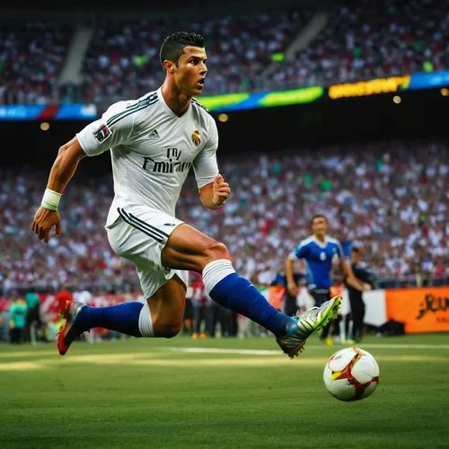 Cristiano Ronaldo, soccer player, athletic build, muscular legs, strong chest, determined facial expression, short spiky hair, piercing eyes, sweaty skin, jersey number 7, white sleeves, dark blue sho