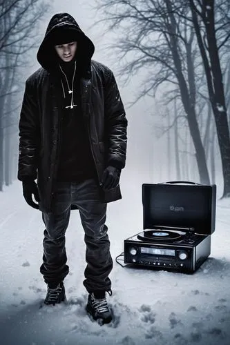 hiphop spieler beim tanzen im schnee neben CD player ,kokane,stillmatic,godfroid,timbaland,zeqiri,canibus,frostproof,nas,berner,icecube,jadakiss,monoxide,elzhi,esham,ice cube,eminem,phonte,novelist,es