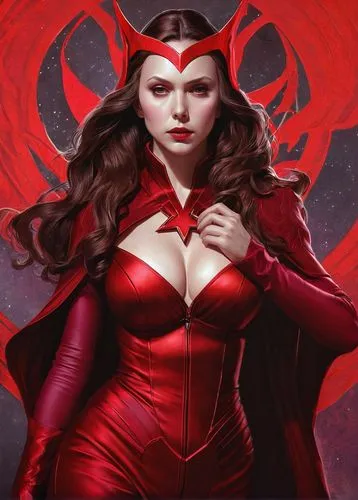 scarlet witch,darth talon,devil,evil woman,red,red super hero,lopushok,wanda,fantasy woman,cg artwork,red cape,vampire woman,huntress,goddess of justice,on a red background,lady in red,red double,red background,red chief,head woman,Illustration,Realistic Fantasy,Realistic Fantasy 07