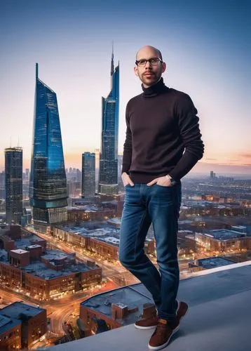 Paul Scheer, modern architect, standing, confident pose, stylish glasses, messy brown hair, facial stubble, black turtleneck sweater, dark blue jeans, brown leather belt, Adidas sneakers, holding arch