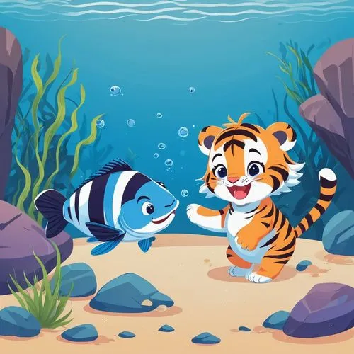 tigerfish,tigershark,tigerish,blue stripe fish,aquarium inhabitants,two fish,clownfish,underwater background,playfish,blue tiger,aquarium fish,tigerle,aquarium,butterflyfish,tigert,a tiger,striped background,archerfish,fishes,underwater world,Illustration,Japanese style,Japanese Style 06