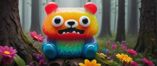 Gummy bear monster, cute face, big round eyes, colorful fur, sharp teeth, claws, sitting on a tree stump, forest, vibrant flowers, misty atmosphere, warm soft light, 3/4 composition, focus on the mons