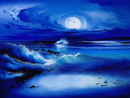 blue moon,seascape,sea night,blue waters,moonlit night,sea landscape,Illustration,Paper based,Paper Based 24