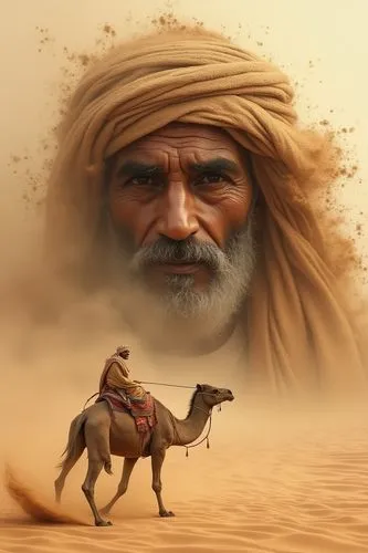 A hyperdetailed image of the wrinkled face of an Arabic Bedouin formed out of the sand of the desert, with a strong wind causing particles of sand to blow about, causing his image to somewhat erode. I