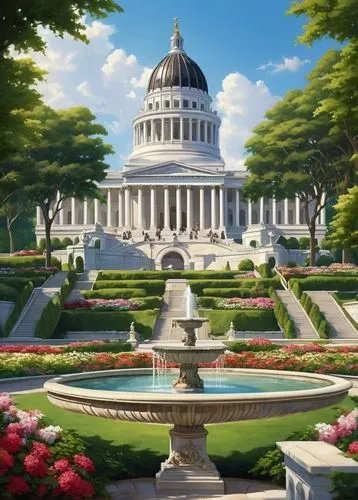 Grandiose capital building, neoclassical architecture style, white marble columns, intricate carvings, majestic dome, ornate fountain, sprawling staircase, lush greenery, vibrant flowers, sunny day, w