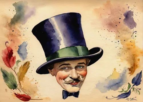 enrico caruso,magician,watercolor cocktails,charlie chaplin,watercolor paper,ringmaster,vaudeville,watercolor painting,groucho marx,stovepipe hat,hatter,watercolor,chaplin,watercolor pencils,watercolor paint,top hat,watercolors,hans christian andersen,water color,vintage illustration,Illustration,Paper based,Paper Based 24