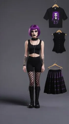 Paper doll 2d cartoon goth purple haired girl in black sleeveless shirt , black spandex shorts, complete full length fishnet and black goth knee Boots, standing surrounded by with a set of goth fashio