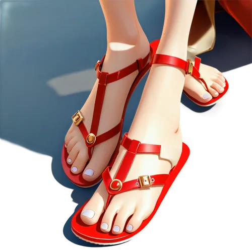 Flip flops, summer shoes, leather straps, golden buckles, soft white insoles, bright red outsoles, relaxed foot pose, slightly lifted toes, gentle curves, soft shadows, warm lighting, 3/4 composition,