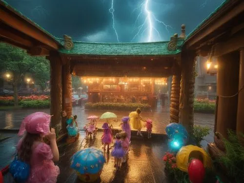 午後雷陣雨，躲雨的騎樓,午後雷陣雨的騎樓下010,little girl with umbrella,japanese umbrellas,shanghai disney,thunderstorm,disneyland park,tokyo disneyland,Illustration,Realistic Fantasy,Realistic Fantasy 02