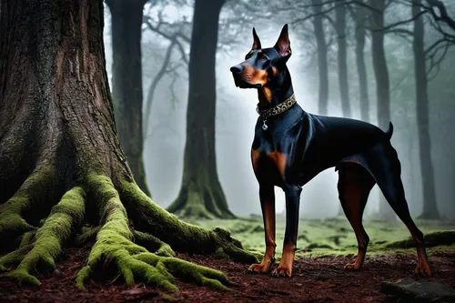 black dog, Doberman Pinscher, glossy fur, alert posture, standing, muscular build, sharp eyes, pointed ears, collar with tag, in front of an ancient tree, twisted roots, dark forest, moss-covered grou